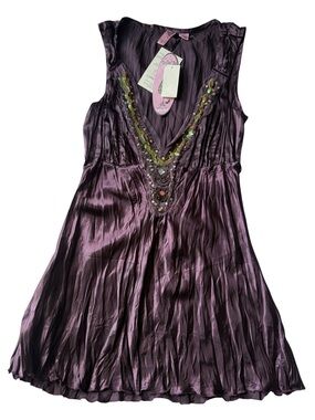 Dolled Up Purple‎ Crinkle Satin Beaded Tunic Top Sleeveless Party Y2K Size S